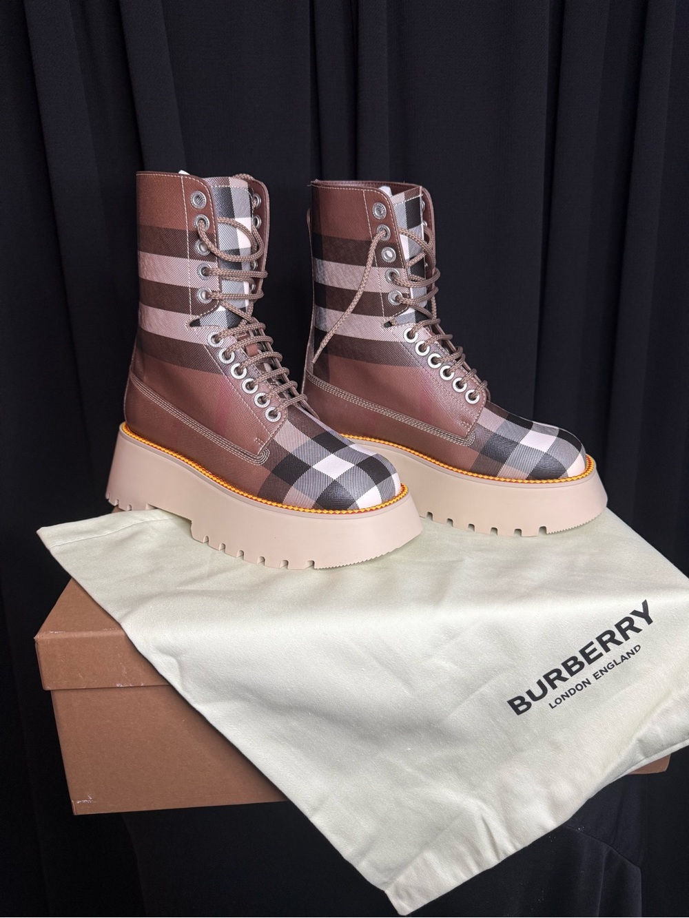 Burberry Brown & Beige Check Lace-Up Platform Ankle Boots